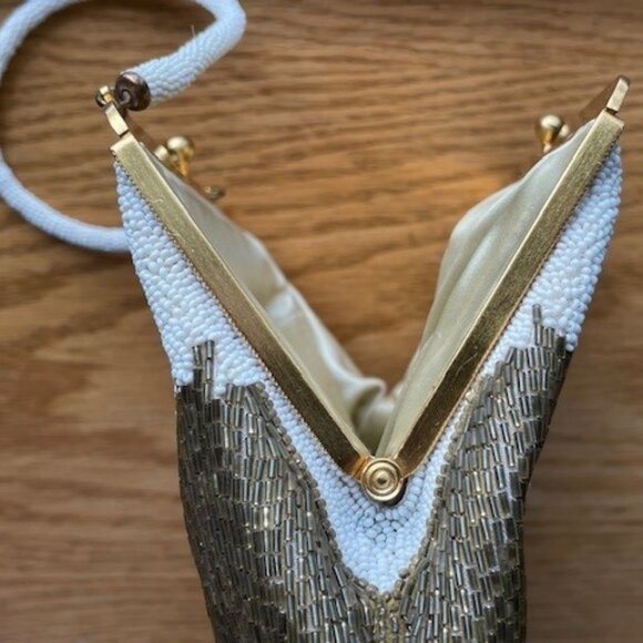 Vtg. BEADED EVENING BAG Gold & White Beads, Beaded Handle, Satin Lining HANDMADE - Picture 11 of 16